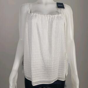 DKNY Flowy Tank Top Womens L White Gold Thread Spaghetti Strap Bow Tie NWT $79